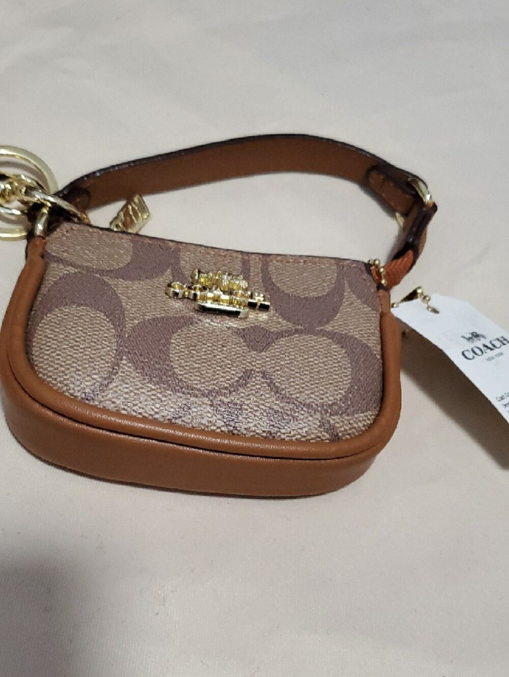 Brown Signature Mini Wristlet Key Pouch with Gold Hardware - Picture 3 of 9
